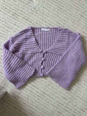 All in Favor Lavender Knit Shrug with Button Detail